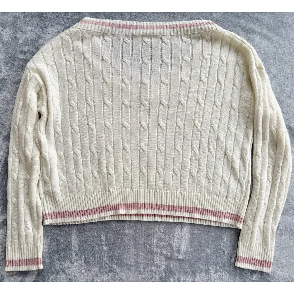 Alredine Sweater Womens XL Ivory Cream Pink Preppy Cable Knit Acedemia Pullover - Picture 2 of 5